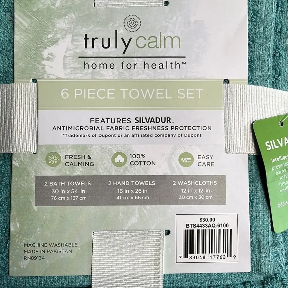 Truly Calm Towel Set Aqua Blue 6 Piece, Bath, Hand & Washcloths 100% Cotton